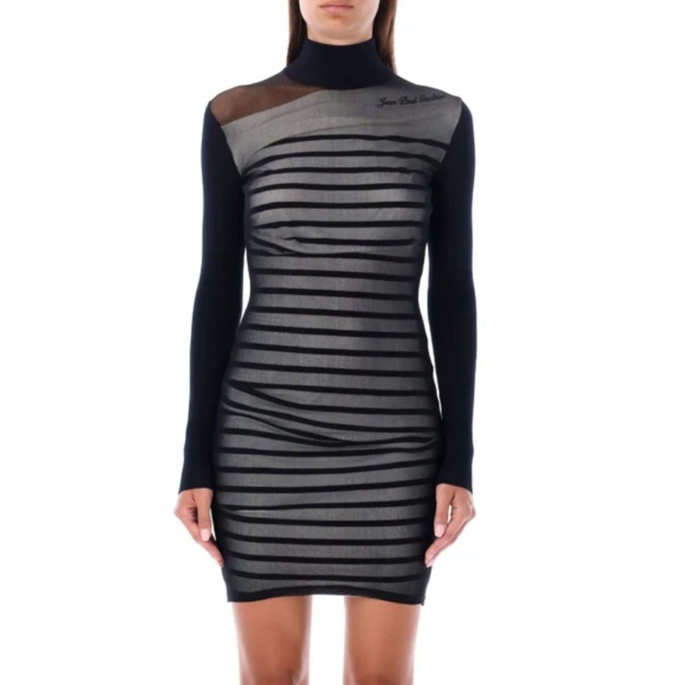 Jean Paul Gaultier Black and Gray Striped Sheer Panel Mini Dress